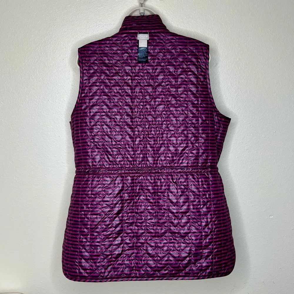 Chicos Zenergy Reversible Quilted Vest Berry Black Stripe Women Large Sleeveless